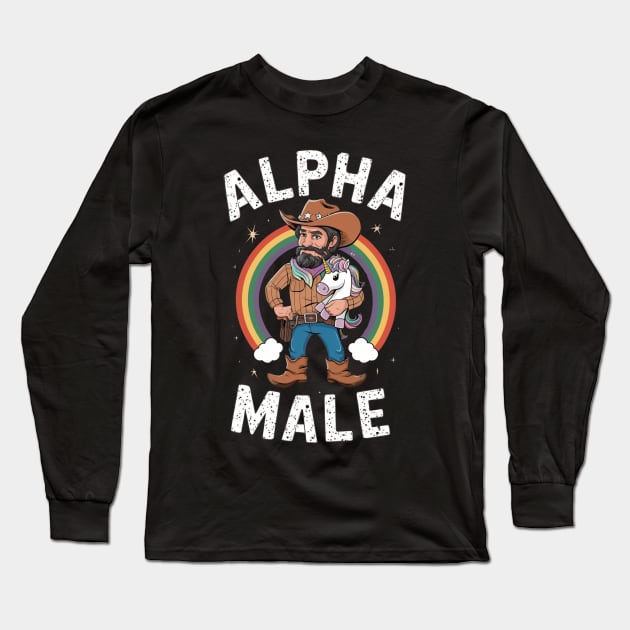 Alpha Male Funny Unicorn Rainbow Gift Fathers Day Gay Man LGBT Pride Cowboy Long Sleeve T-Shirt by DeanWardDesigns